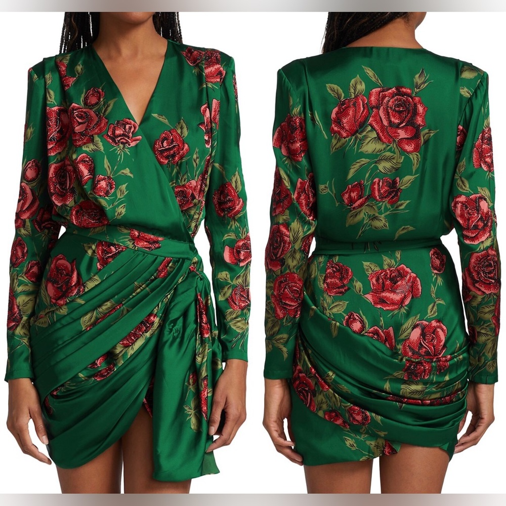 Raisa Vanessa Rose Print Embellished Draped Mini Dress